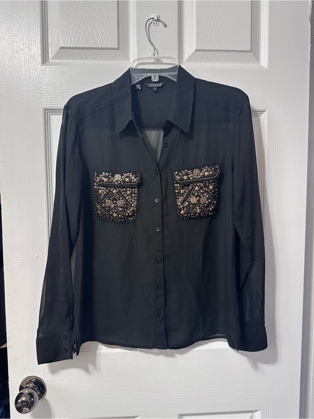 Guess Black Sheer Button-Down Shirt with Embellished Pocket Detail